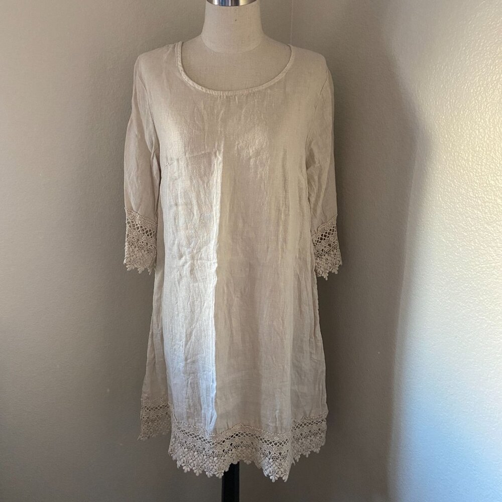 Stella Rosa Shift Linen Short Dress Scoop Neck 3/4 Lace Breathable Cream Sz S